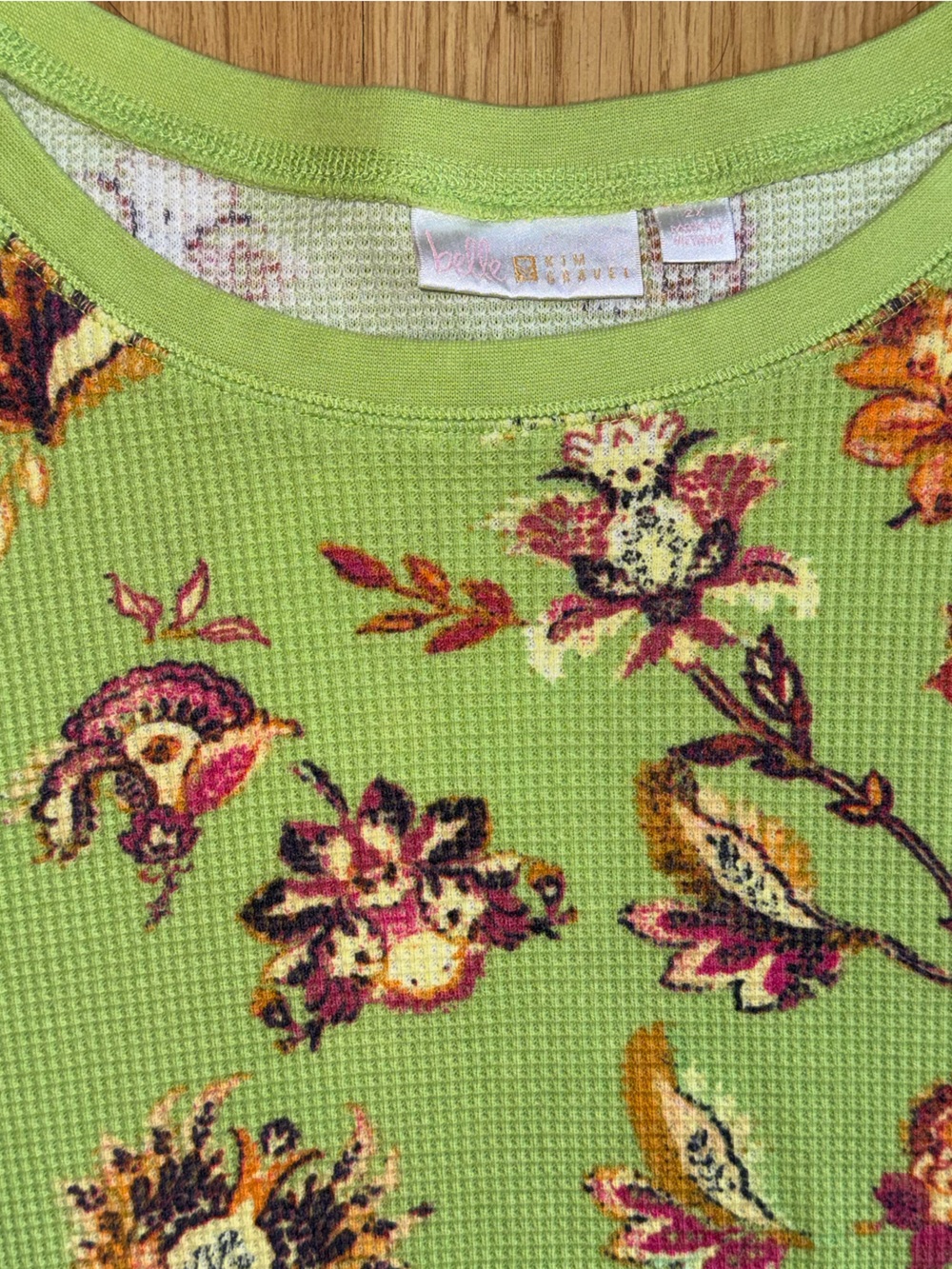Belle Kim Gravel size 2X Green Floral Long Sleeve Waffle Knit Top shirt - Picture 9 of 12